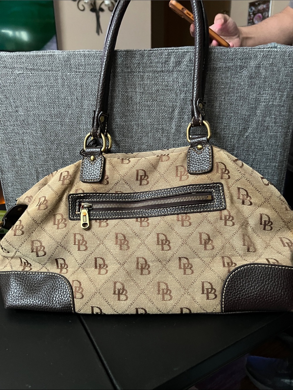 Dooney & Bourke Beige Satchel with Brown Trim and DB Monogram